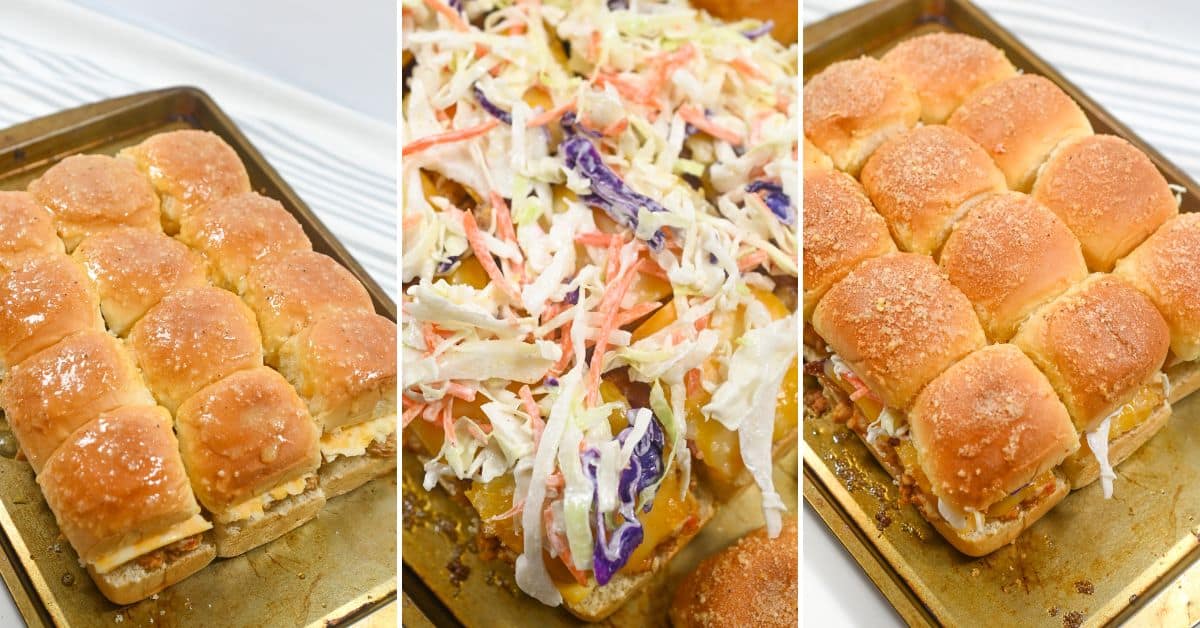 Three images show BBQ Chicken Sliders on a baking sheet: whole, topped with coleslaw, and reassembled with slaw inside.