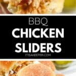 Close-up of BBQ Chicken Sliders filled with shredded chicken, coleslaw, and sauce on slider buns, shown from different angles.
