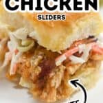 Close-up of BBQ Chicken Sliders topped with creamy coleslaw on a soft bun, labeled “BBQ Chicken Sliders” and “30 Minute.”.