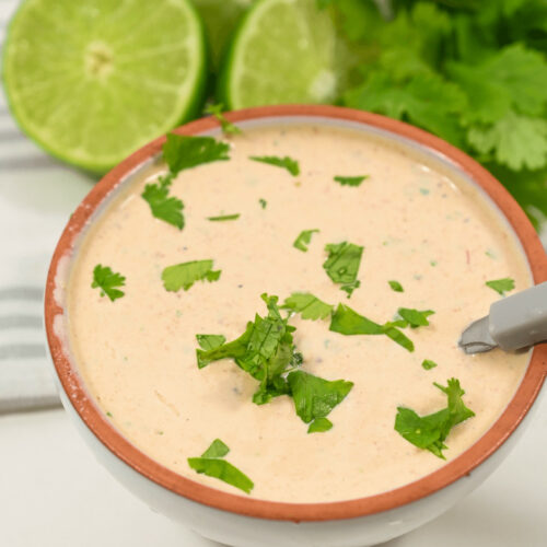 A bowl with a spoon, garnished with chopped cilantro, with fresh limes and cilantro leaves in the background.