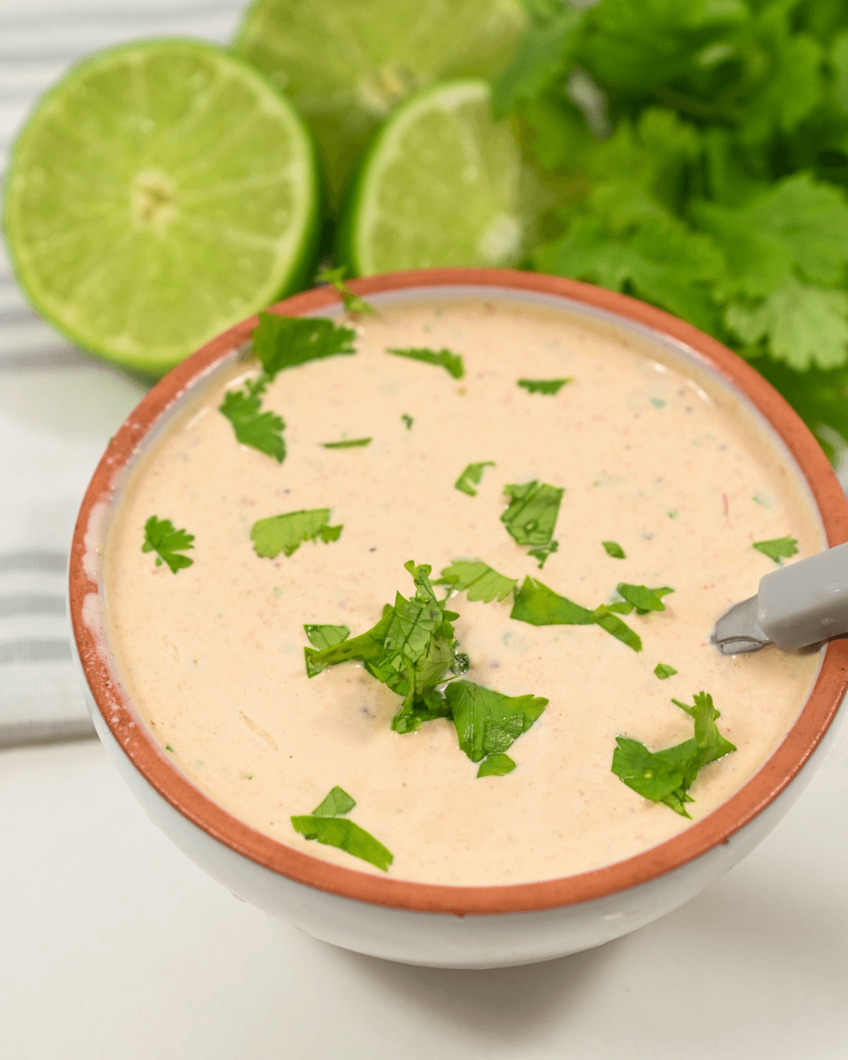 A bowl with a spoon, garnished with chopped cilantro, with fresh limes and cilantro leaves in the background.