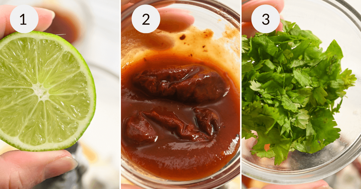 Three ingredients displayed separately: a sliced lime, a bowl of Chipotle Sauce, and chopped cilantro.