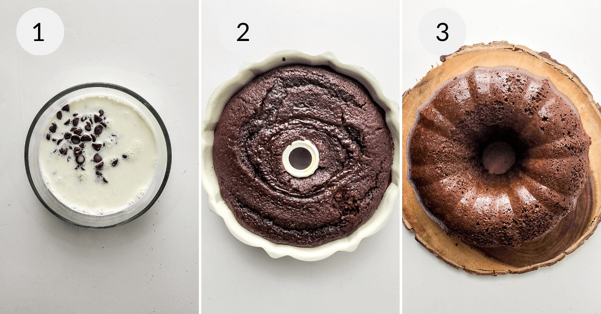 Three stages of making a chocolate chip bundt cake: 1) liquid batter ingredients in a bowl, 2) batter poured into a bundt pan before baking, 3) finished baked chocolate