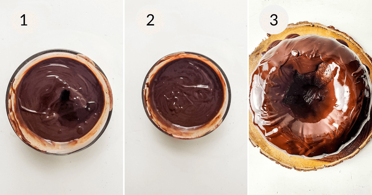 Three stages of chocolate chip Bundt cake ganache preparation displayed in sequence from unsmoothed to fully spread.