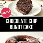 A chocolate chip bundt cake topped with glossy chocolate glaze, with a slice served on a plate showcasing its moist texture.