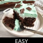 A piece of chocolate mint cake, with a slice being served on a plate, emphasizes the ease of preparing this delicious dessert.