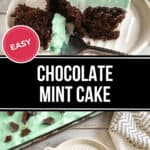 A freshly sliced chocolate mint cake with green frosting and chocolate pieces on top, presented as an easy recipe.