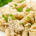 A plate of creamy crock pot garlic parmesan chicken pasta garnished with fresh parsley.