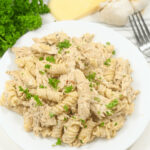 A plate of creamy crock pot garlic parmesan chicken pasta garnished with parsley, accompanied by cheese, garlic, and herbs in the background.