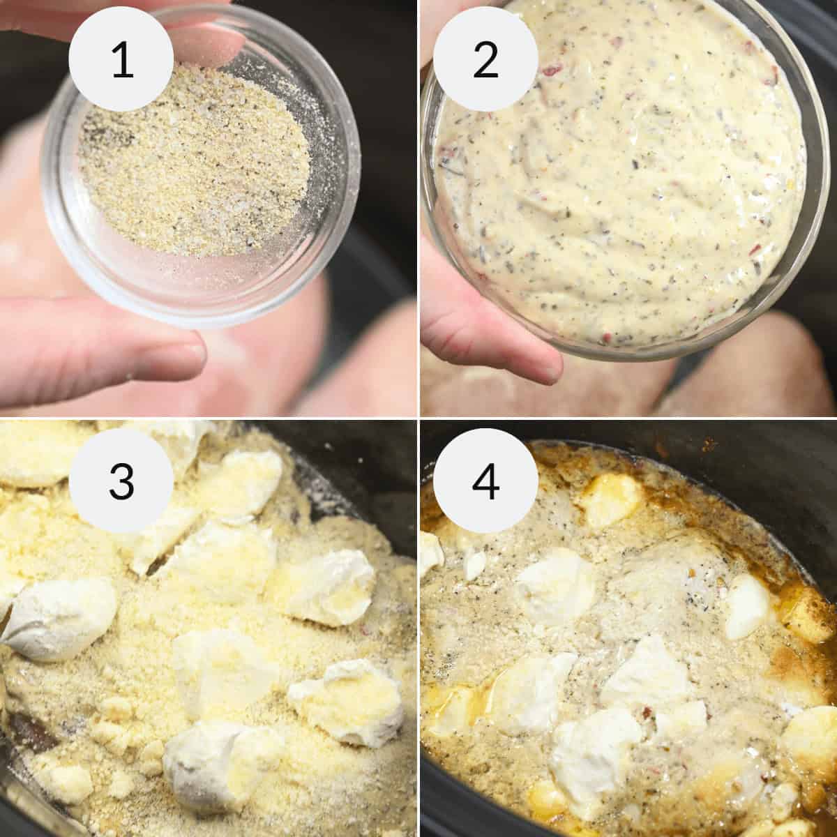 Steps of a cooking process: 1) seasoning blend in a bowl, 2) mixed wet ingredients, 3) chicken pieces being coated, 4) crock pot garlic par
