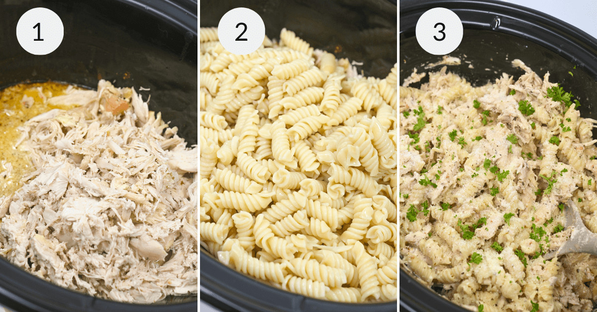 Three-step cooking process showing shredded garlic parmesan chicken in a crock pot (1), cooked pasta added to the pot (2), and the finished dish with pasta mixed with garlic parmesan