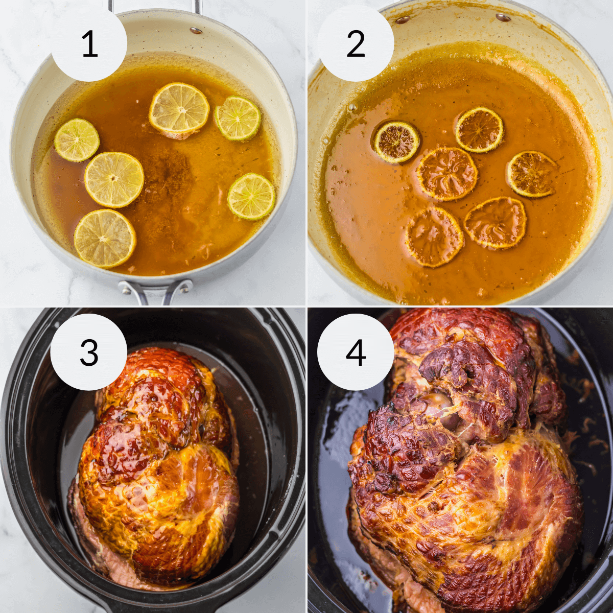 Step-by-step preparation of a dish: 1) ingredients in a pot, 2) cooked sauce with ingredients, 3) raw spiral ham in a crock pot, 4
