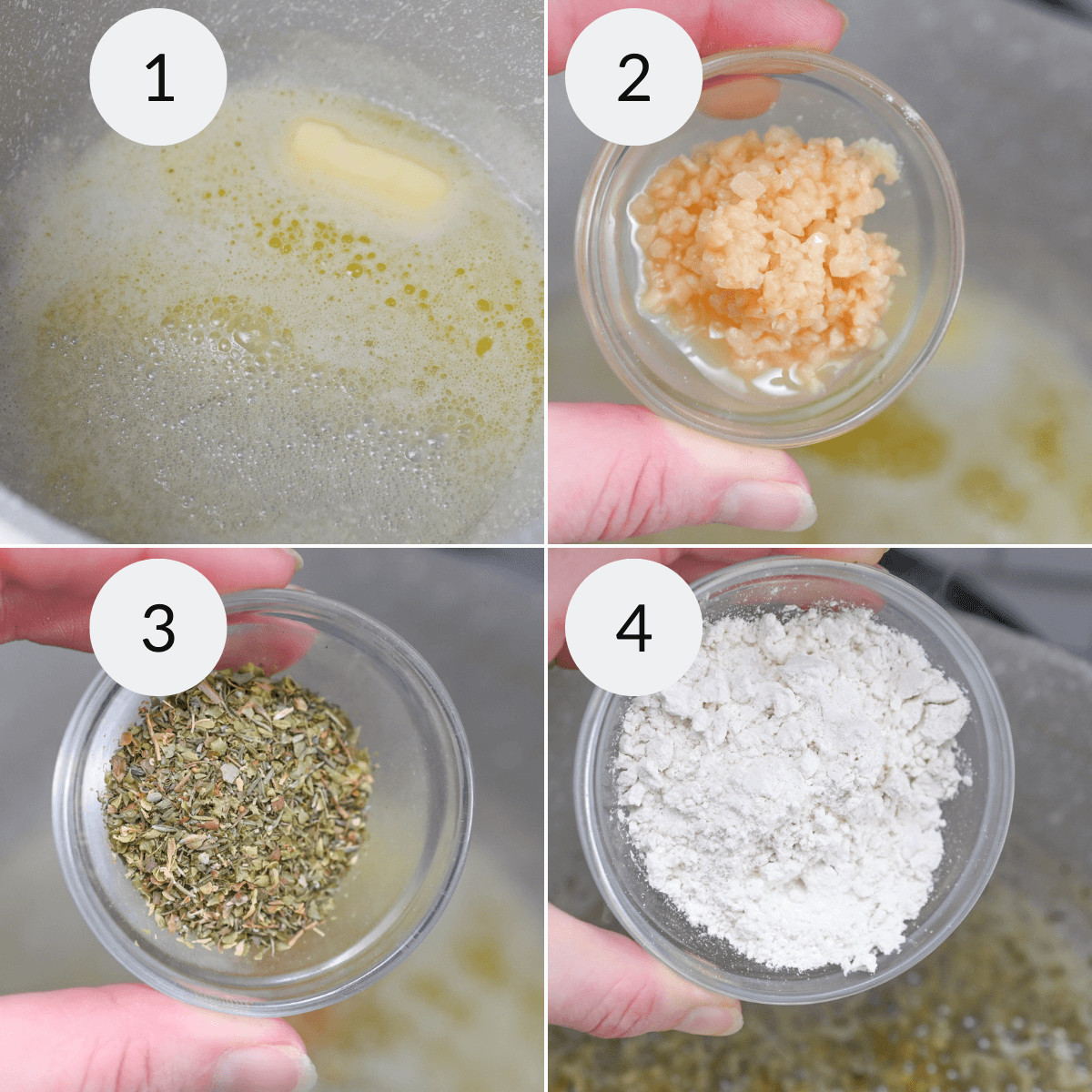 A four-part image showcasing ingredients for garlic parmesan sauce: 1) butter melting in a pot, 2) minced garlic in a bowl, 3) mixed dried herbs in a bowl