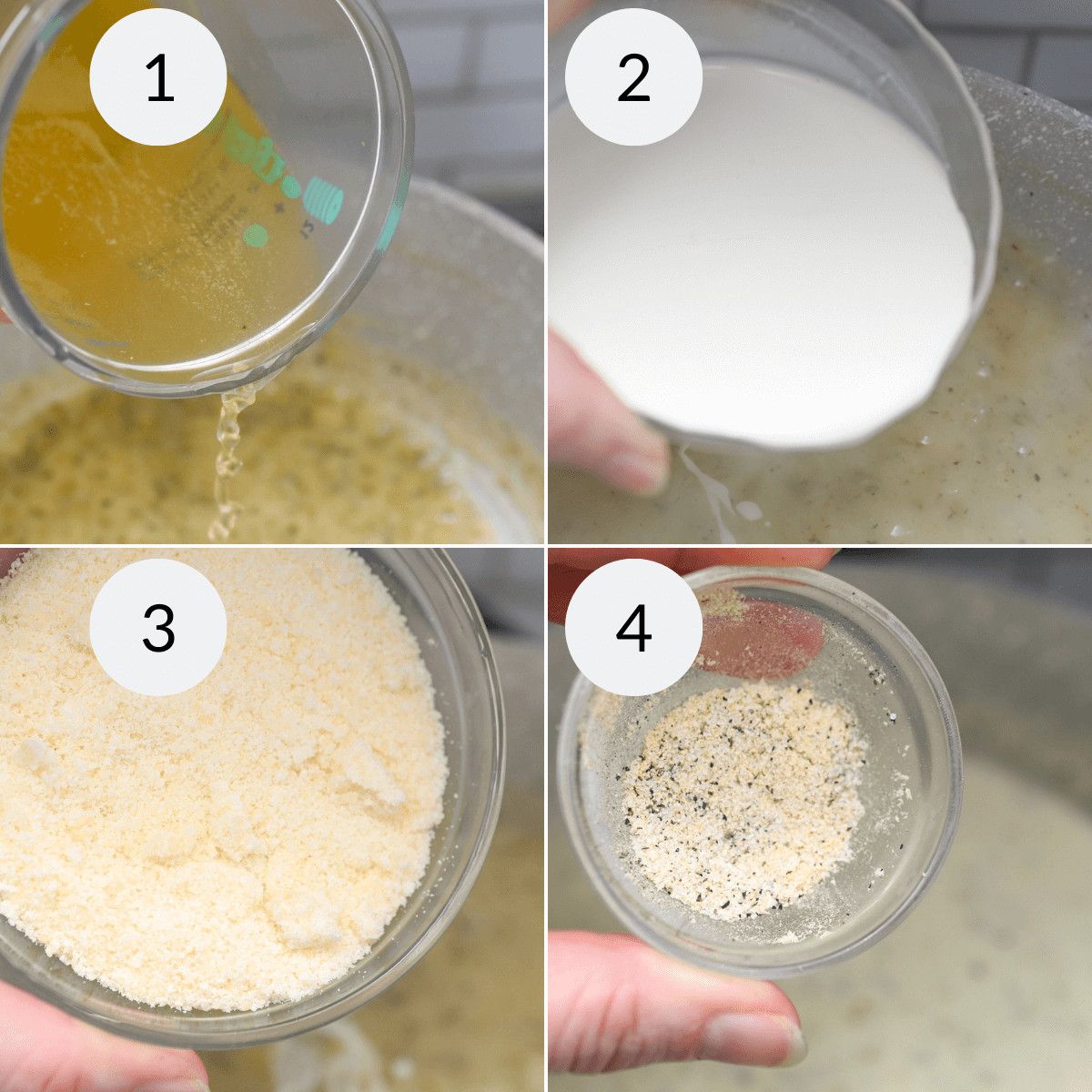Four-step image showing the preparation of garlic parmesan sauce: 1) pouring liquid into a bowl, 2) stirring milk in a bowl, 3) adding dry ingredients, 4
