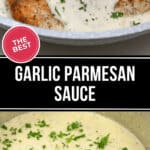 Chicken pieces in a skillet topped with garlic parmesan sauce and garnished with parsley, featuring a detailed close-up of the garlic parmesan sauce below.