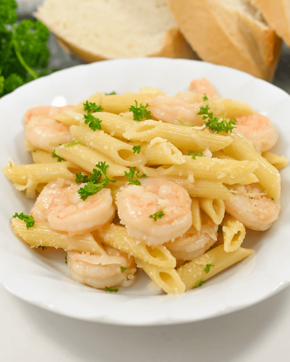 A bowl of the garlic parmesan shrimp pasta.