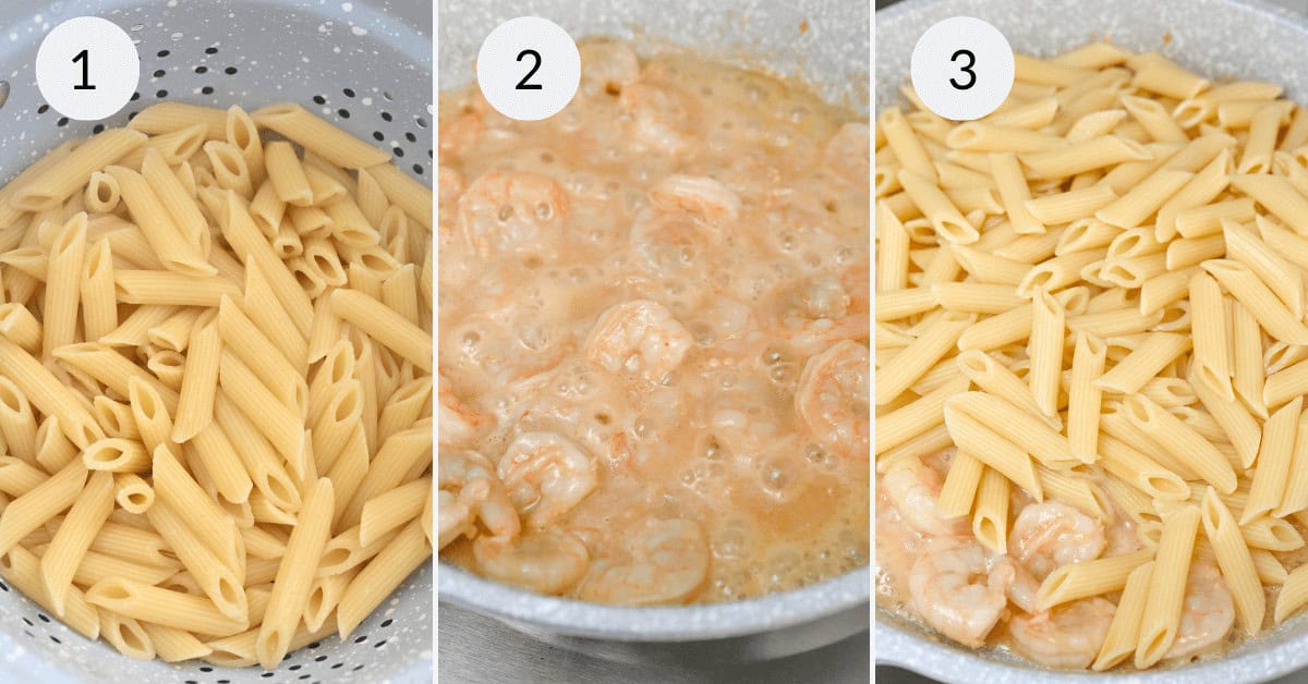 Cooking the pasta and adding the cooked shrimp.