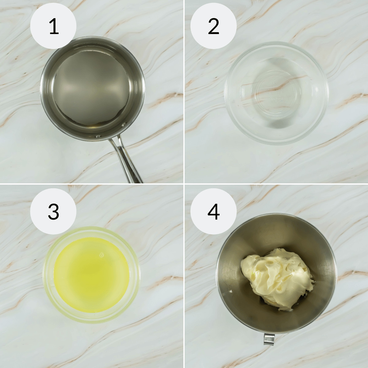 Four-step sequence showing the preparation of ingredients in cookware for Limoncello Tiramisu: 1) an empty saucepan, 2) a glass bowl with a clear liquid