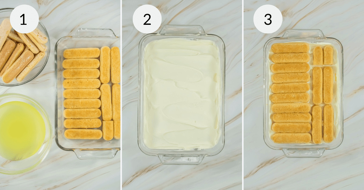 Three steps of layering ingredients for a Limoncello Tiramisu dessert: 1) a bowl of liquid next to a glass dish with a layer of cookies, 2) the cookies