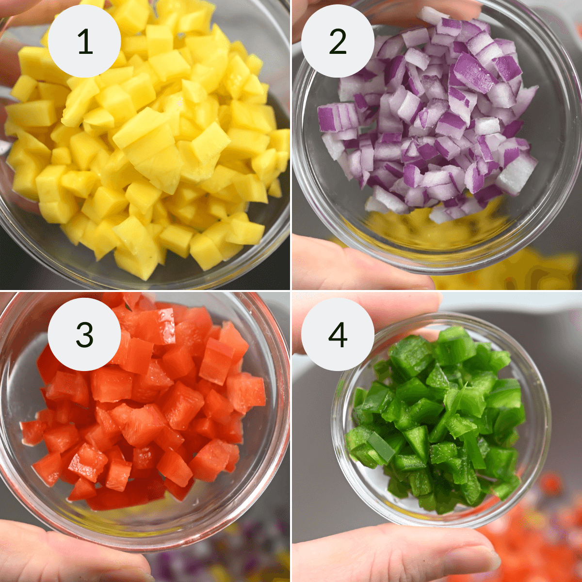 Four bowls containing different chopped vegetables: diced yellow squash, red onion, red bell pepper, and green bell pepper mixed with mango habanero salsa, numbered 1 through 4 respectively.