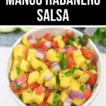 Bowl of mango habanero salsa with diced ingredients.