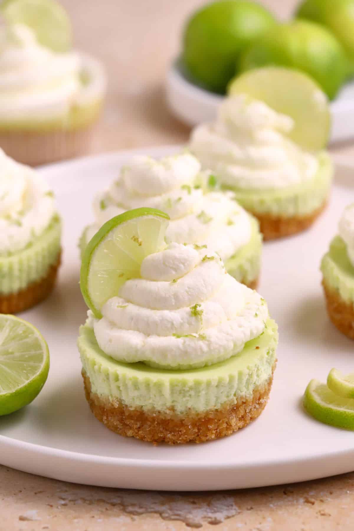 Dessert topped with whipped cream and lime slices, arranged on a white plate surrounded by whole and cut limes for a vibrant dessert presentation.