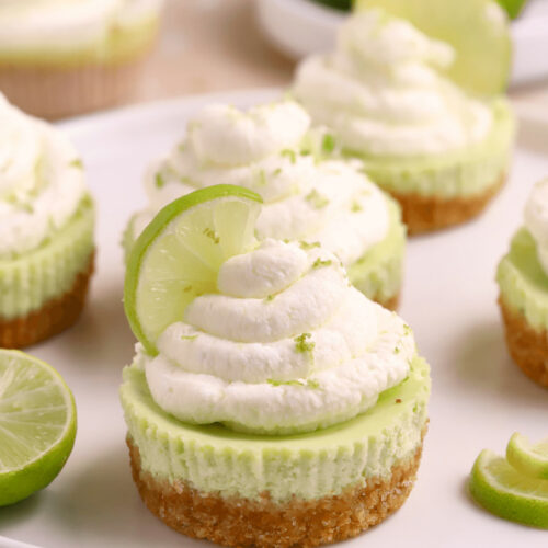 A picture of a mini key lime cheesecake.
