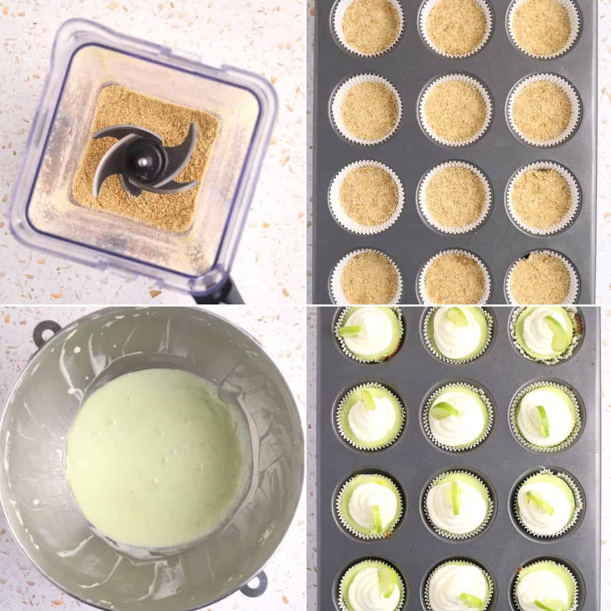 Four-panel collage featuring the steps to make Mini Key Lime Cheesecake: ground crumbs in a blender, muffin tin with crusts, mixing bowl with light green batter, and cupcakes topped with cream and lime slices.