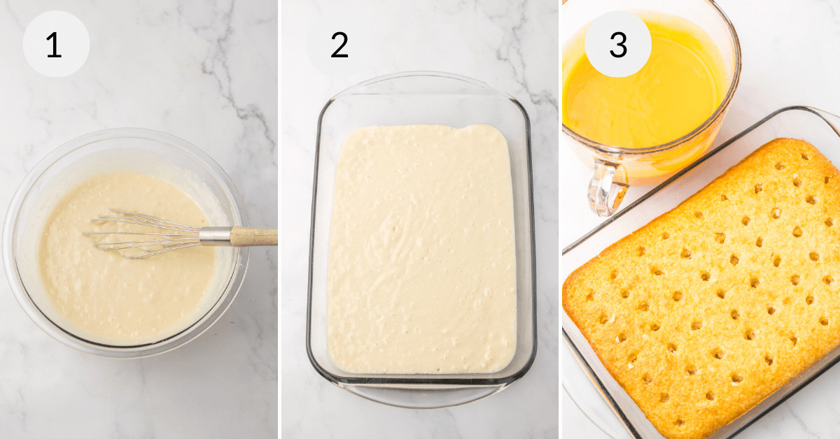 Three stages of baking an orange creamsicle cake: batter preparation, batter in baking dish, finished baked orange creamsicle cake.