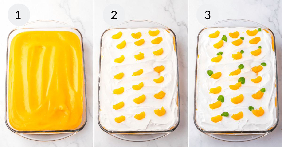 Three stages of preparing a dessert: 1) a smooth orange creamsicle layer, 2) topped with white cream, 3) finished with colorful candy pieces.