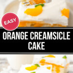 Easy orange creamsicle cake served with whipped cream topping, garnished with orange slices and mint.