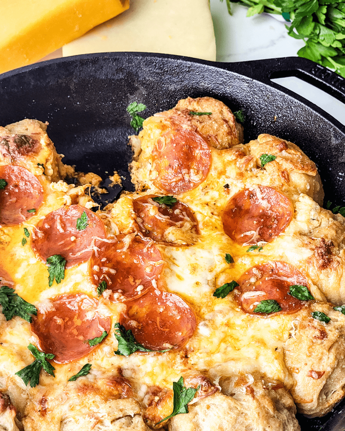 Cheesy tomato-topped cooked in a skillet, garnished with herbs and served as a pizza dip.