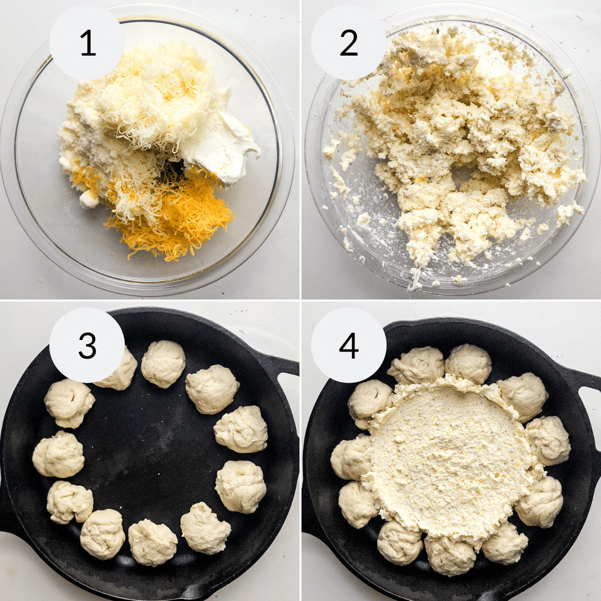 Four-step process of making a dish: 1) ingredients combined in a bowl, 2) mixed into a crumbly texture, 3) dough portioned into balls in a