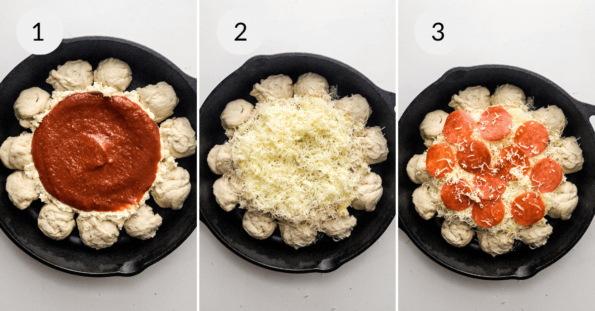 Step-by-step preparation of a pizza dip in a cast iron skillet: 1) dough balls arranged around tomato sauce, 2) cheese added on top, 3) sliced tomatoes placed over the