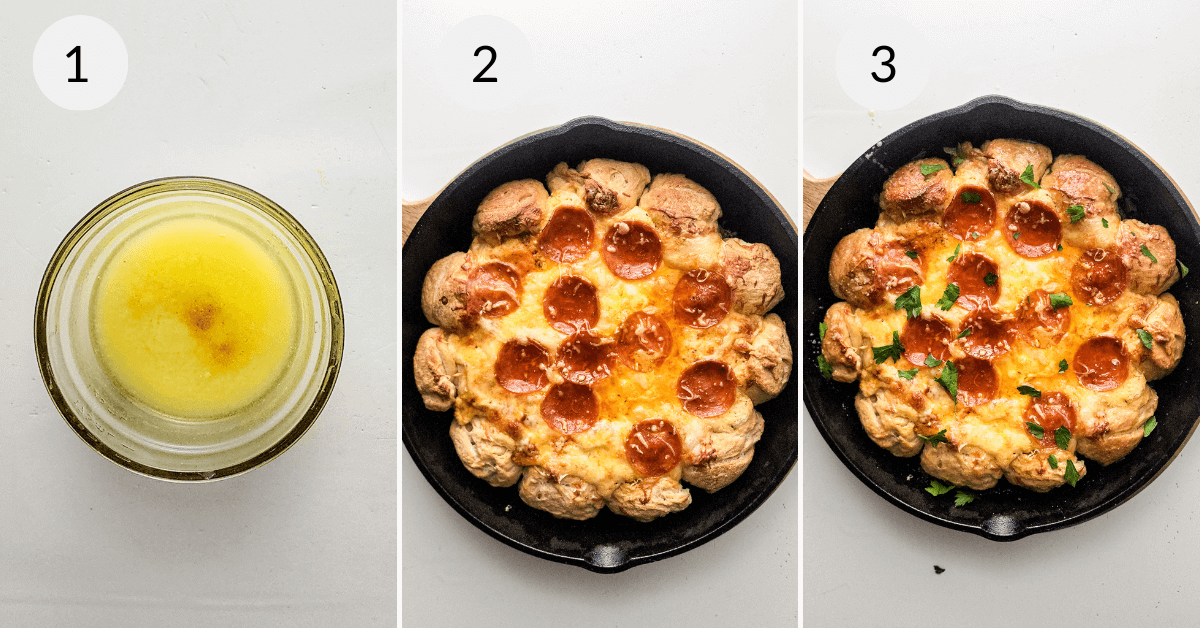 Three-step cooking process: 1) ingredients for dough preparation in a jar. 2) dough shaped into rolls in a skillet. 3) baked rolls topped with melted cheese and pizza dip garn