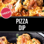 A hand dipping bread into a pizza dip in a skillet.