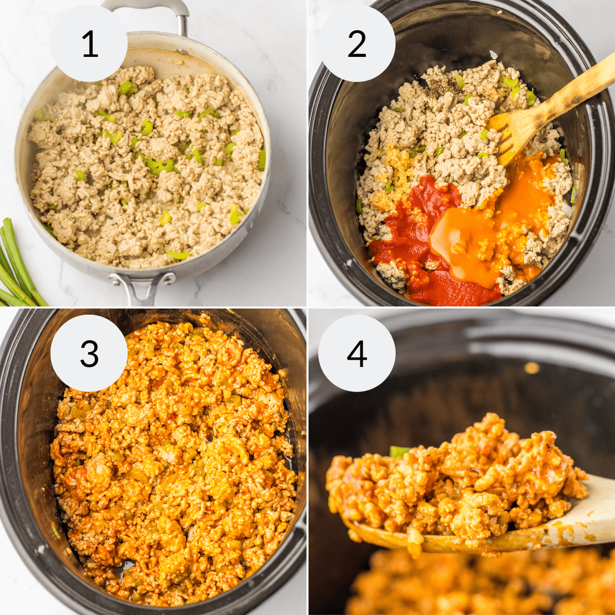 Four-step slow cooker cooking process showing the preparation of a buffalo chicken sloppy joes dish with vegetables and sauce.