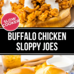 Slow cooker buffalo chicken sloppy joes served with a drizzle of sauce in buns, with a side of celery sticks.