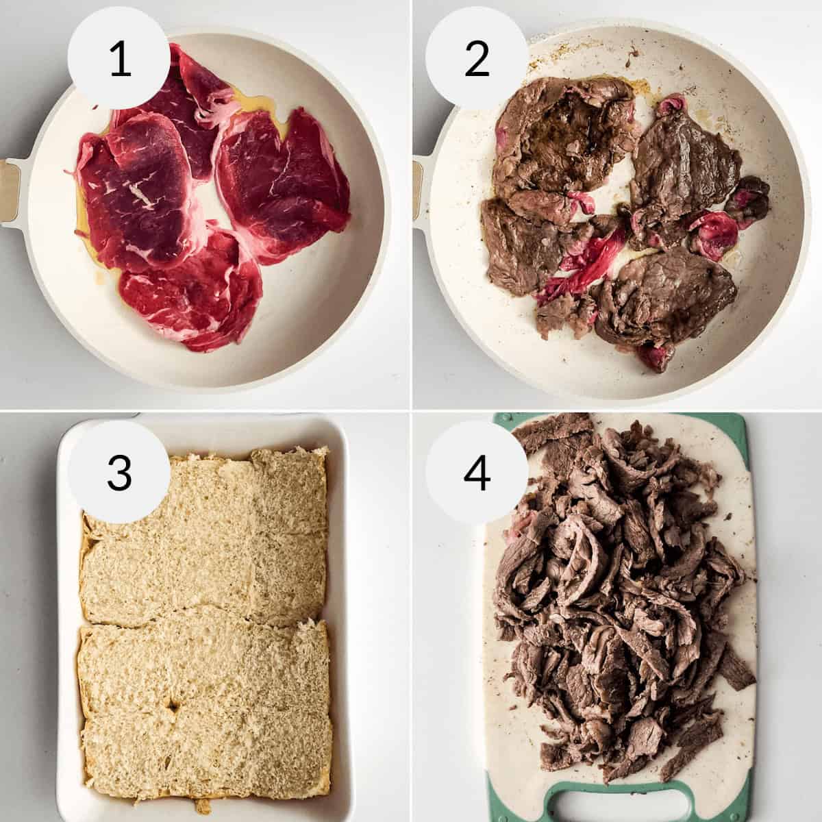 Four-step cooking process for steak and cheese sliders: 1) raw steaks in a pan, 2) cooked and browned steaks, 3) bread slices in a tray, 