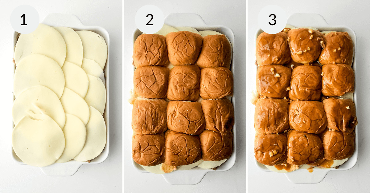 Three-step process of making steak and cheese sliders: 1) tray with sliced cheese, 2) cheese covered with buns, 3) finished dish with cheese melted over the buns.