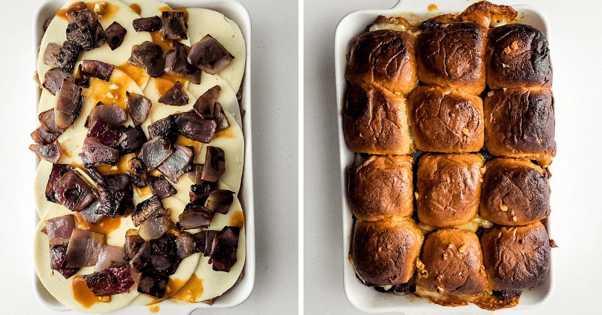 Before and after baking: raw dough topped with cheese and chunks of steak on the left, and the finished, golden-brown steak and cheese sliders on the right.