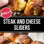 A collage showcasing steak and cheese sliders, with a close-up of one being held and a full tray of the prepared sliders below.