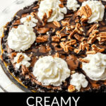 A creamy turtle brownie pie topped with whipped cream and pecans, ready to be served.