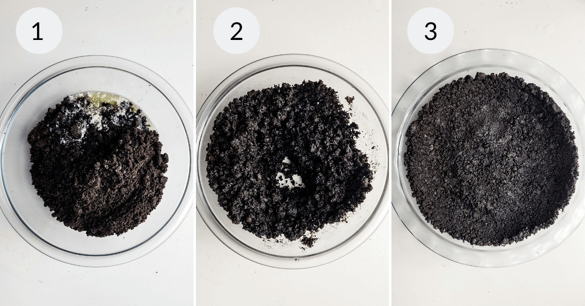 Three steps of crushing and mixing oreos for a brownie pie dessert recipe.