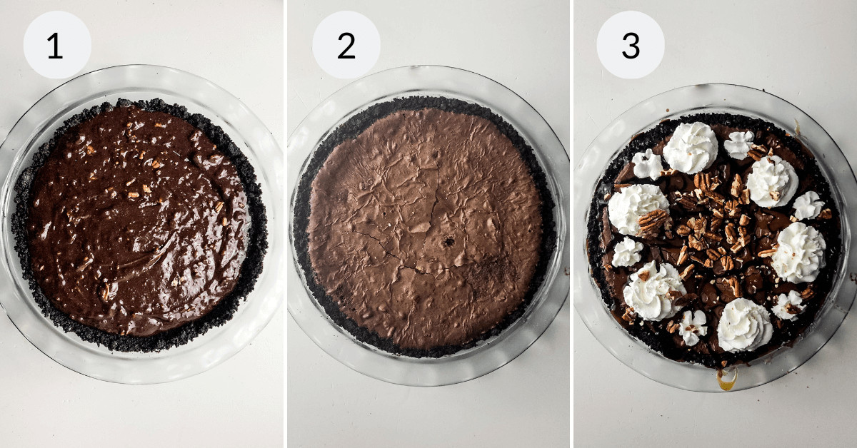 Three stages of preparing a brownie pie: 1) chocolate filling added to crust, 2) pie after baking, 3) pie garnished with whipped cream and nuts.