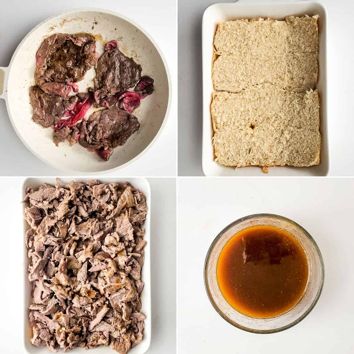 Four images showcasing the process of making steak and cheese sliders: beef slices sizzling in a pan, bread slices arranged in a dish, tender shredded beef ready to serve, and a bowl of rich brown broth.