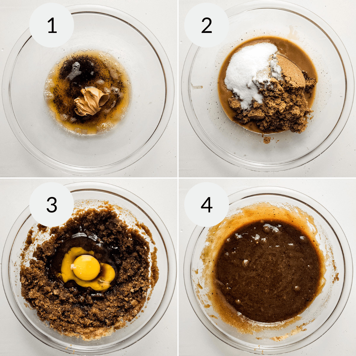 Four-step sequence of making biscoff brownie batter: 1) mixing wet ingredients, 2) adding dry ingredients, 3) incorporating eggs, 4) final smooth batter in bowls