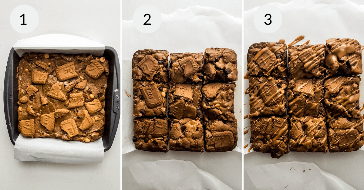 Three-step sequence of baking biscoff brownies: 1) raw batter in pan, 2) cooked and sliced brownies, 3) brownies drizzled with chocolate.