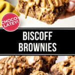 A hand holds a biscoff brownie topped with drizzled caramel above a collage of other biscoff brownies with text "biscoff brownies" for chocolately brand.
