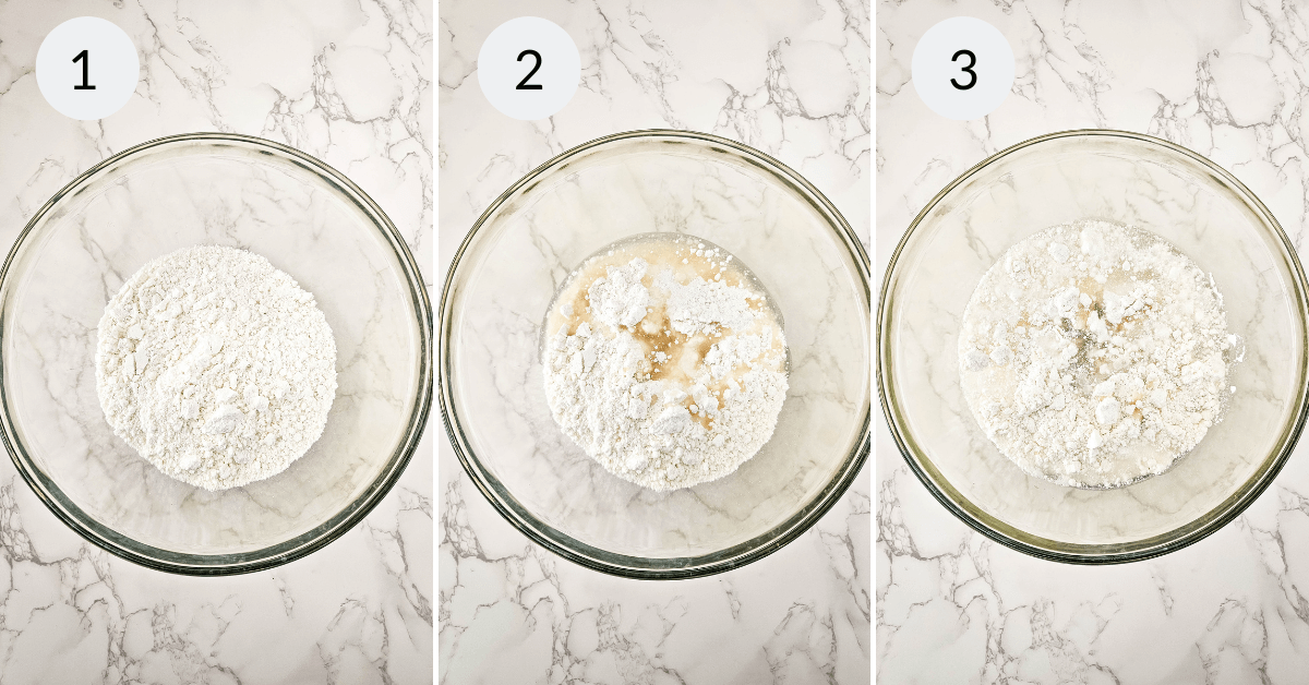 Three-step sequence showing flour in a bowl: 1) plain flour, 2) flour with added liquid for Cherry Poke Cake, 3) mixed into a crumbly texture.